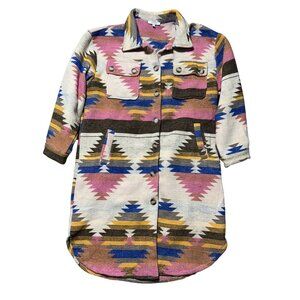 VeVeret Women's Sz M Aztec Print Button-Up Longline Shacket Pockets Multicolor